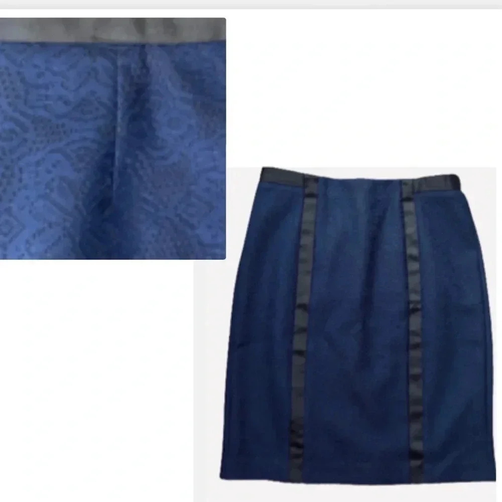 NEW YORK & CO PENCIL SKIRT. BLUE AND BLACK‎ CROCHET OVER LAY MIDI SIZE 10